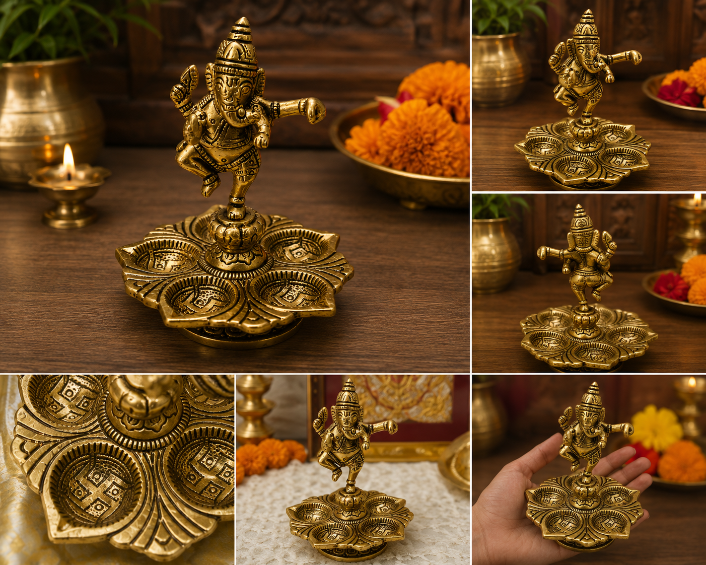Dancing Ganesha Diya | Antique Golden Brass Ganesh Idol with Lotus 5-Wick Diya