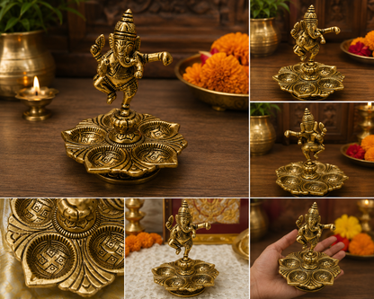 Dancing Ganesha Diya | Antique Golden Brass Ganesh Idol with Lotus 5-Wick Diya