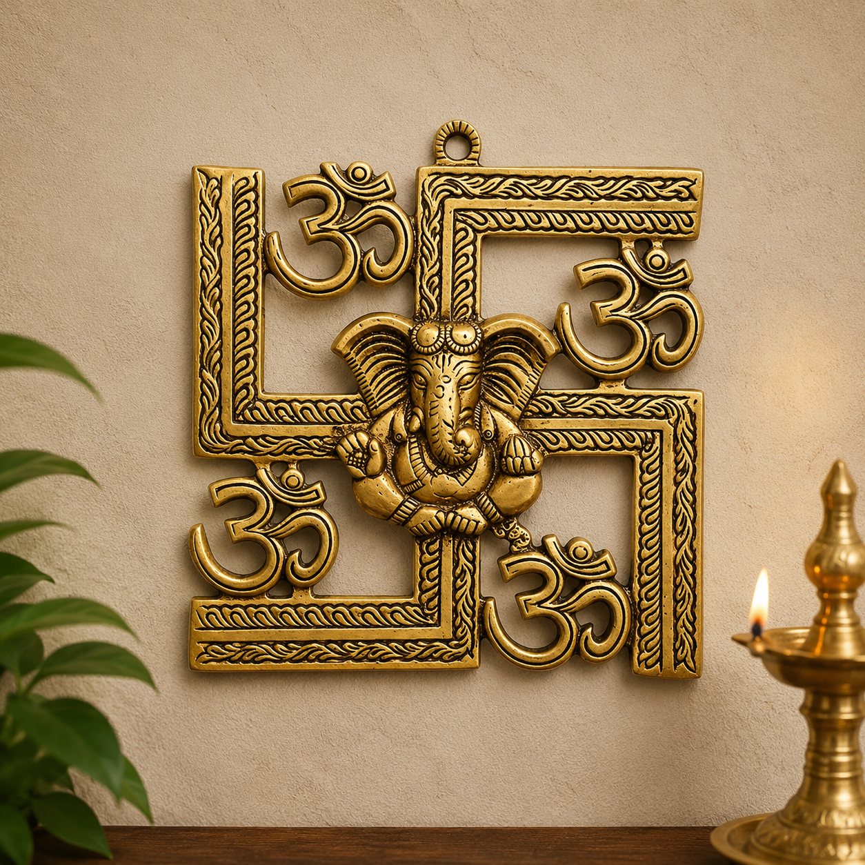Ganesha on Om Swastik Brass Wall Hanging | Antique Golden Pooja & Home Decor
