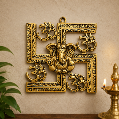 Ganesha on Om Swastik Brass Wall Hanging | Antique Golden Pooja & Home Decor