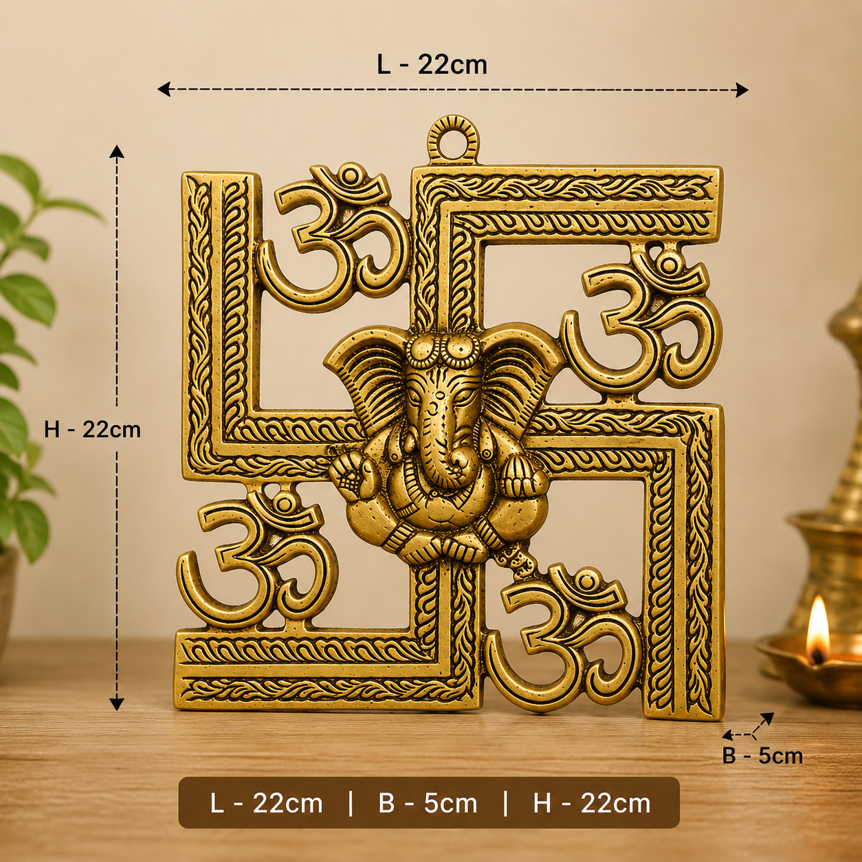 Ganesha on Om Swastik Brass Wall Hanging | Antique Golden Pooja & Home Decor
