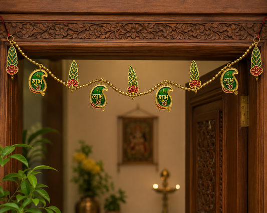 Multicolor Handmade Shubh Labh Toran | Golden Leaf Door Hanging for Festive & Home Decor