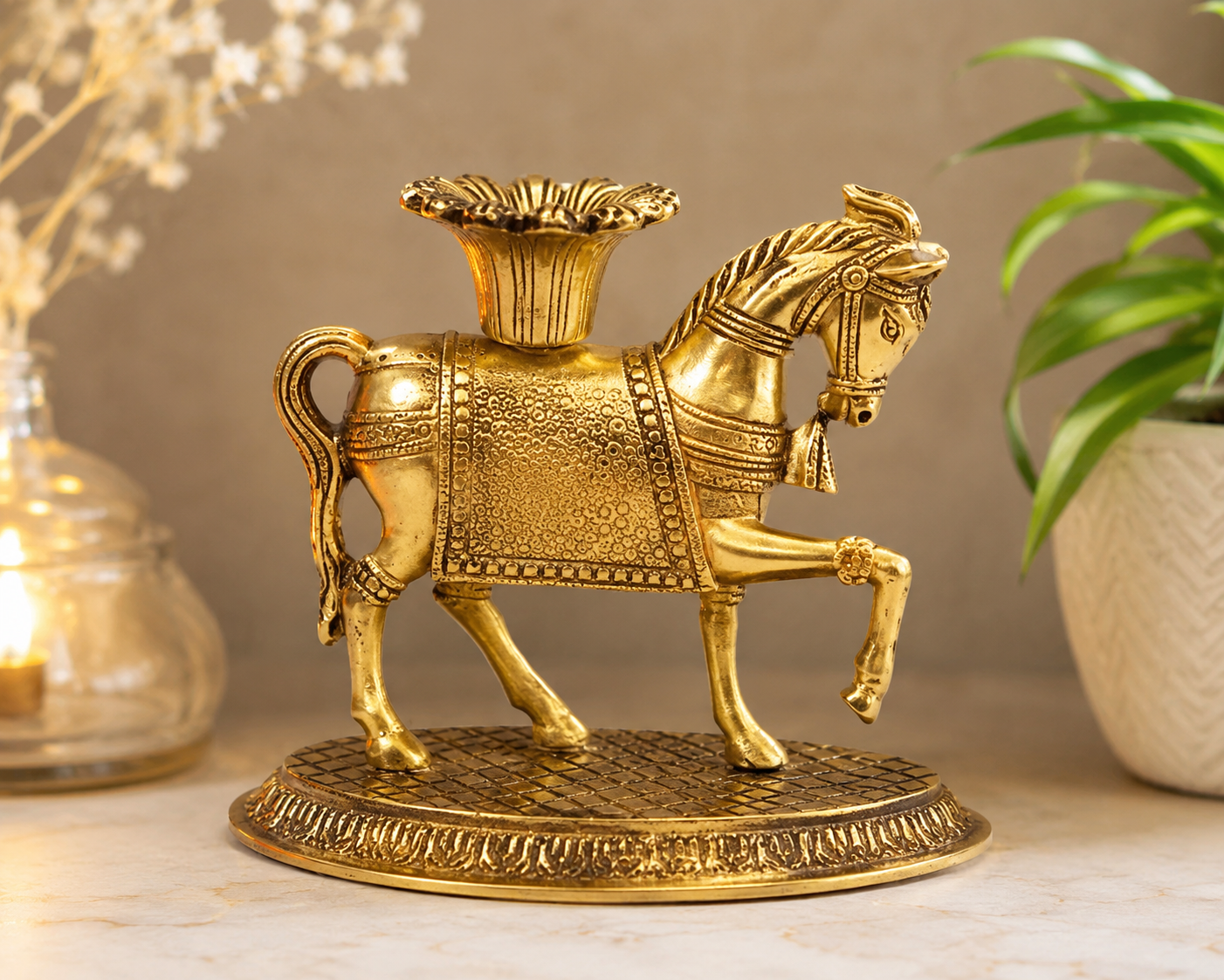 Feng Shui Horse Candle Holder Stand – Antique Gold Decorative Horse Statue with Candle Holder, Tabletop Home Décor