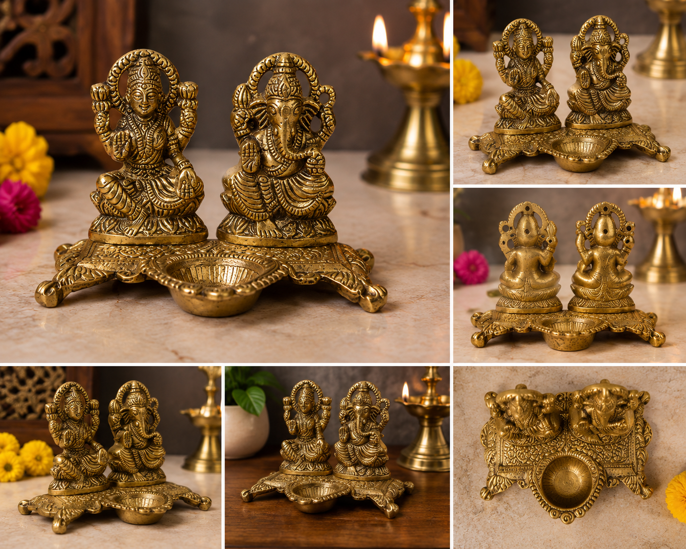 Lakshmi Ganesha Diya Statue for Home & Pooja Décor – Antique Gold Finish Decorative Idol Set