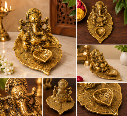 Brass Ganesha Idol with Diya on Leaf Stand – Antique Gold Finish Brass Ganesh Ji Statue for Pooja & Home Décor