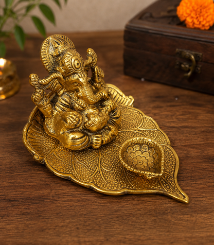 Golden Ganesha Swan Shape Tray Bowl | Decorative Pooja Thali with Diya Holder | Traditional Home & Temple Decor