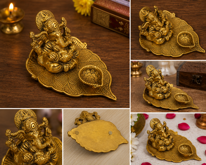 Golden Ganesha Swan Shape Tray Bowl | Decorative Pooja Thali with Diya Holder | Traditional Home & Temple Decor
