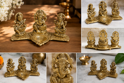 Brass Lakshmi Ganesha Saraswati Idol with Diya – Antique Gold Finish Decorative Murti Set for Pooja & Home Décor