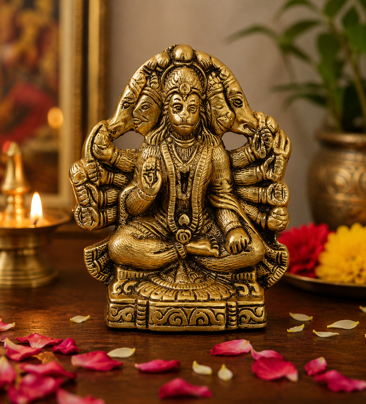 Brass Panchmukhi Hanuman Bajrangbali Statue | Antique Golden Finish