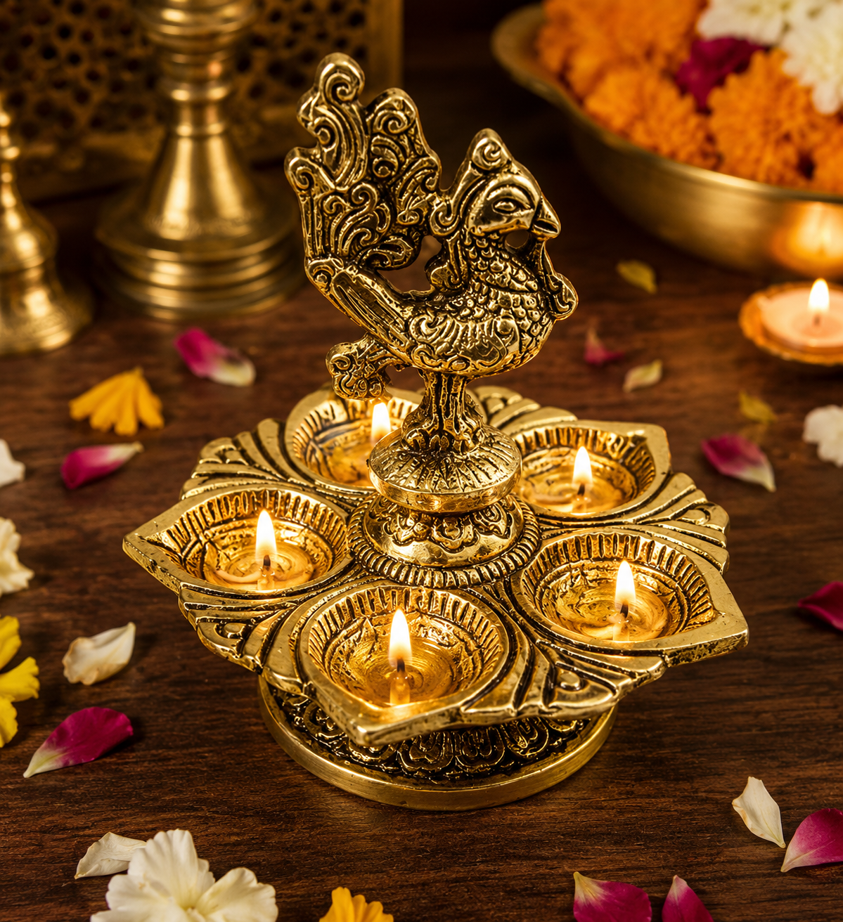 Annapakshi 5 Face Diya | Traditional Brass Oil Lamp | Decorative Pooja Deepam