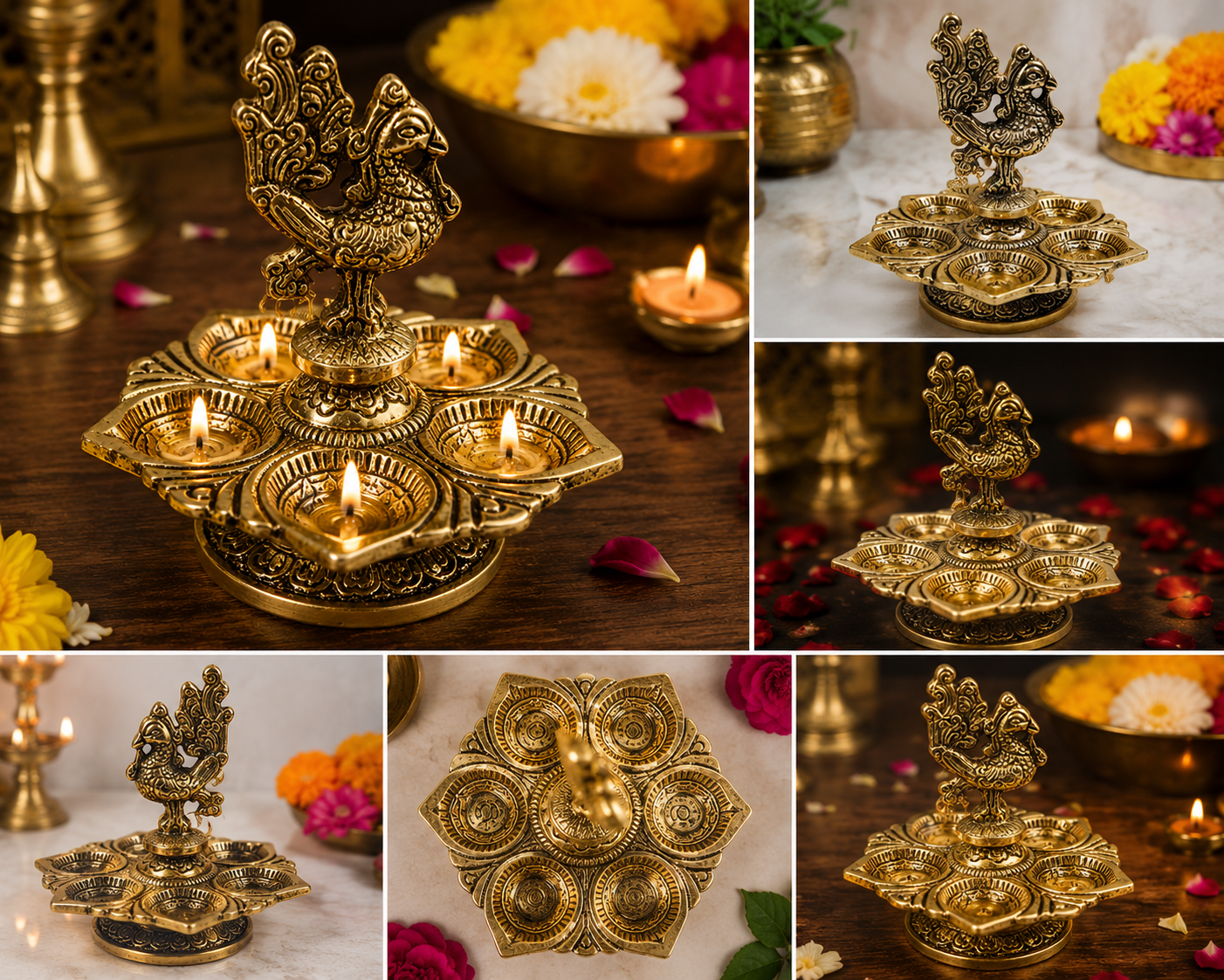 Annapakshi 5 Face Diya | Traditional Brass Oil Lamp | Decorative Pooja Deepam