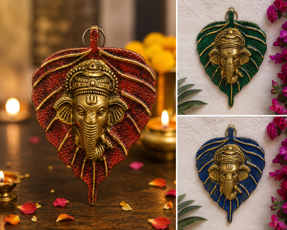 Golden Brass Ganesha on Leaf Wall Hanging | Traditional Decorative Showpiece