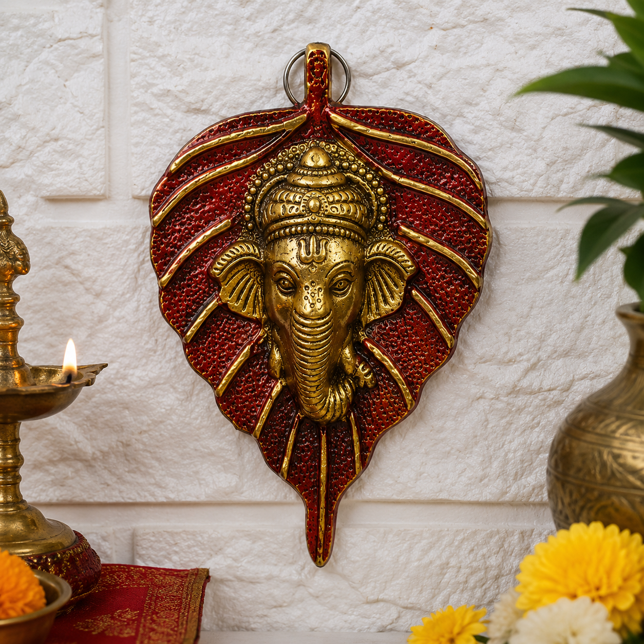 Golden Brass Ganesha on Leaf Wall Hanging | Traditional Decorative Showpiece