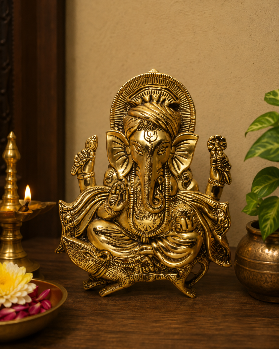 Traditional Brass Lord Ganesha Statue | Antique Golden Finish Decorative Idol