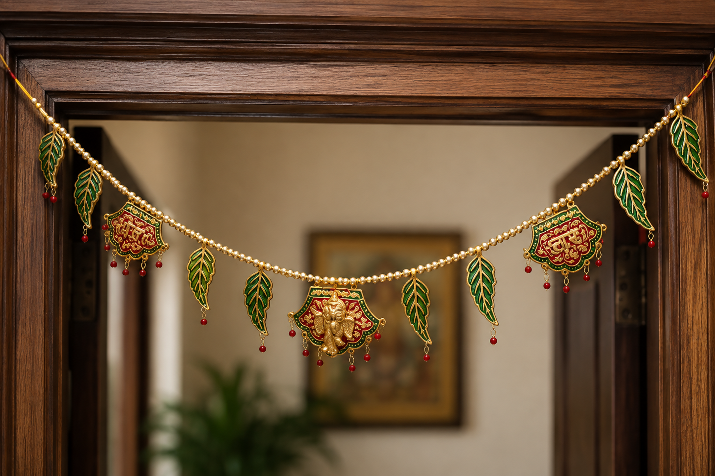 Golden Pearl Shubh-Labh Door Toran with Leaf & Bead Hanging