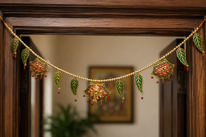 Golden Pearl Shubh-Labh Door Toran with Leaf & Bead Hanging