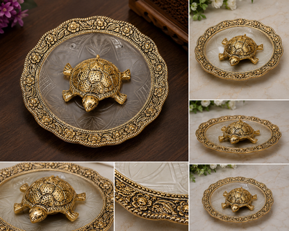 Golden Feng Shui Turtle Decorative Plate | Traditional Vastu & Home Décor Showpiece