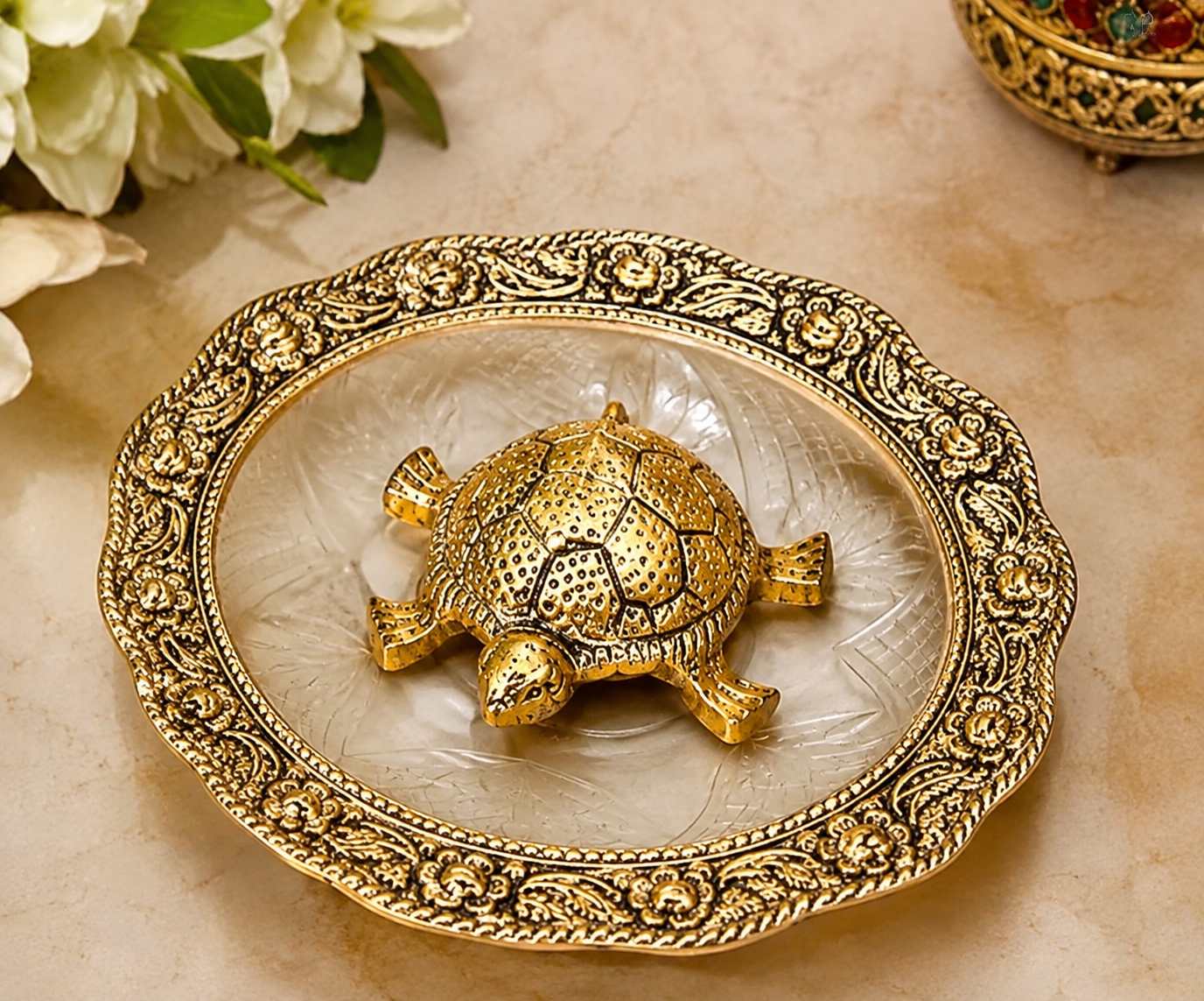 Golden Feng Shui Turtle Decorative Plate | Traditional Vastu & Home Décor Showpiece