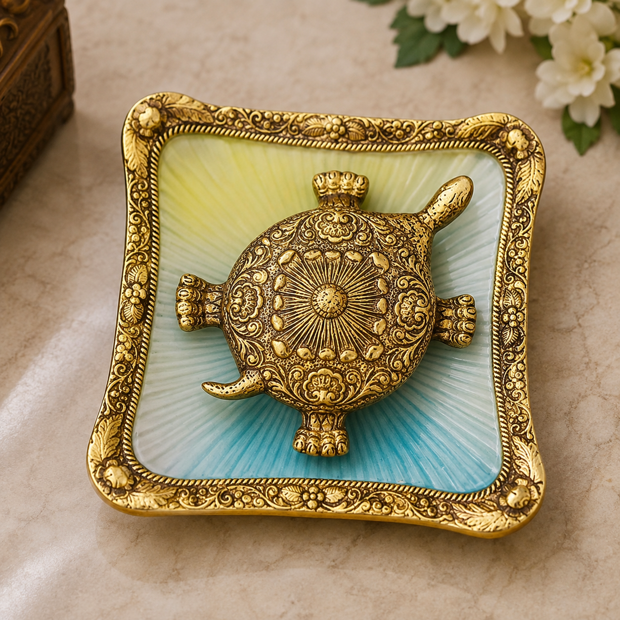 Metal Feng Shui Tortoise on Decorative Plate | Golden Vastu Showpiece