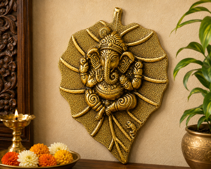 Ganpati on Leaf Wall Hanging | Antique Golden Finish | Large Size