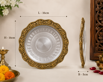 Golden Decorative Round Plate | Ornate Floral Embossed Puja Thali | Traditional Home & Festive Decor
