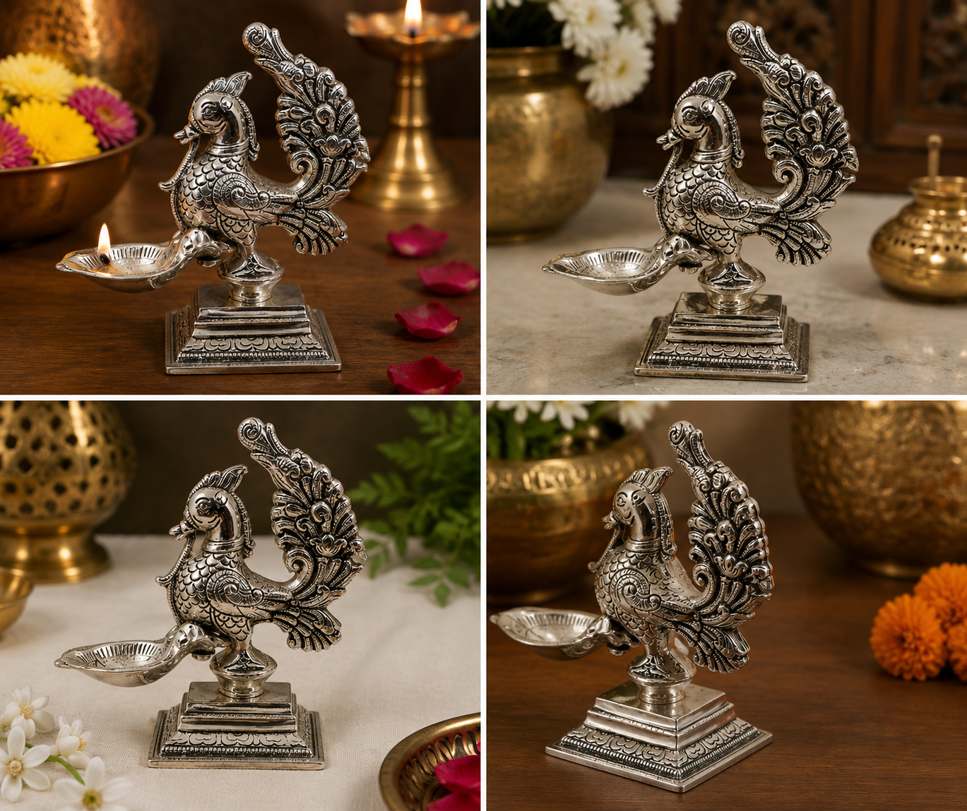 Antique Peacock Design Deepak | Silver Finish Decorative Diya | Traditional Pooja & Festive Home Decor