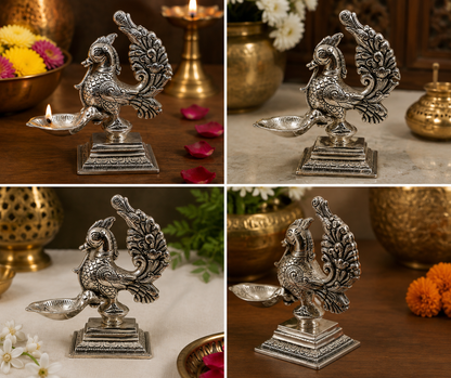 Antique Peacock Design Deepak | Silver Finish Decorative Diya | Traditional Pooja & Festive Home Decor