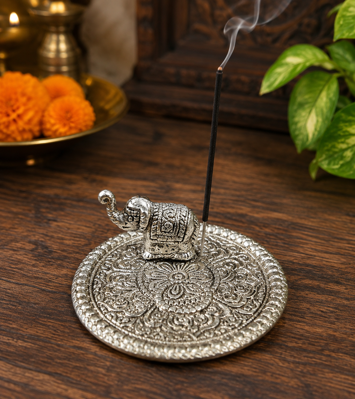 Elephant Agarbatti Stand with Decorative Plate | Antique Gold & Silver Finish
