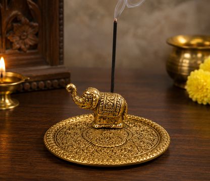Elephant Agarbatti Stand with Decorative Plate | Antique Gold & Silver Finish