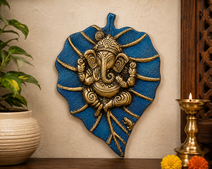 Ganpati on Leaf Wall Hanging | Antique Golden Finish | Large Size
