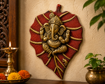 Ganpati on Leaf Wall Hanging | Antique Golden Finish | Large Size