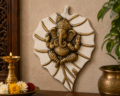 Ganpati on Leaf Wall Hanging | Antique Golden Finish | Large Size