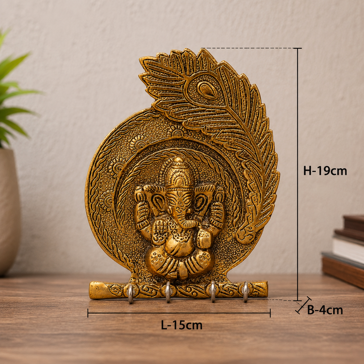 Antique Golden Ganesha Key Holder Wall Hanging | 4 Hook Decorative Organizer