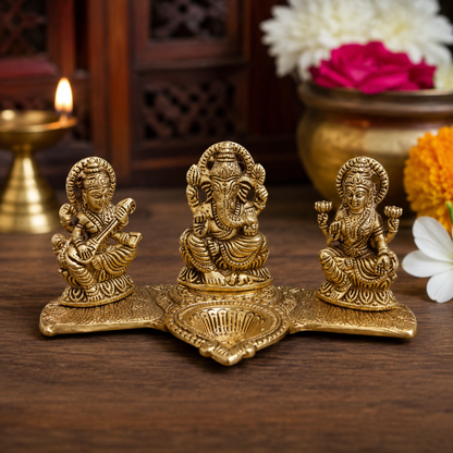 Brass Lakshmi Ganesha Saraswati Idol with Diya – Antique Gold Finish Decorative Murti Set for Pooja & Home Décor
