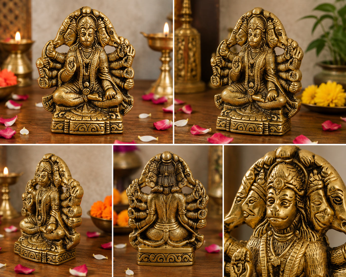 Brass Panchmukhi Hanuman Bajrangbali Statue | Antique Golden Finish