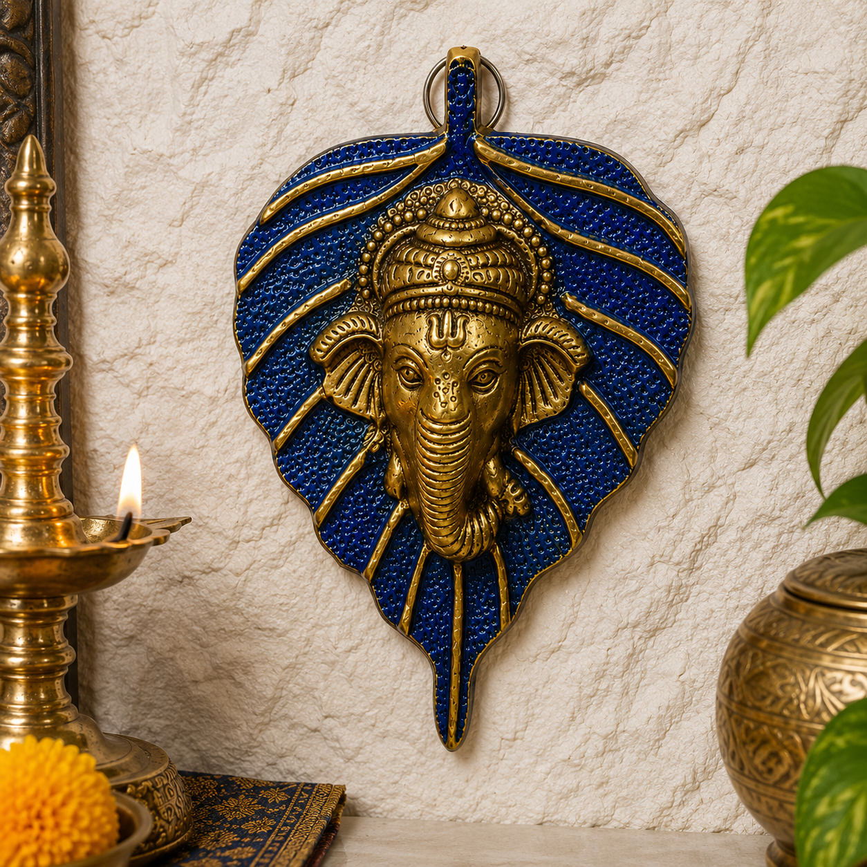 Golden Brass Ganesha on Leaf Wall Hanging | Traditional Decorative Showpiece