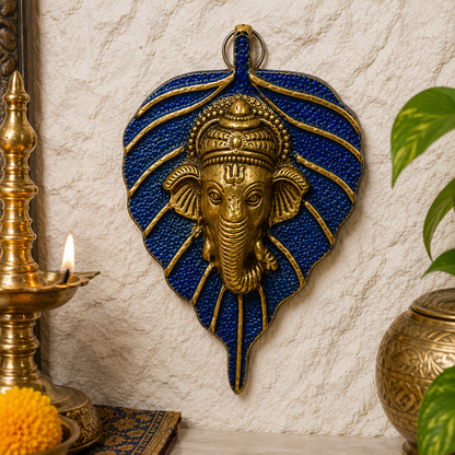 Golden Brass Ganesha on Leaf Wall Hanging | Traditional Decorative Showpiece