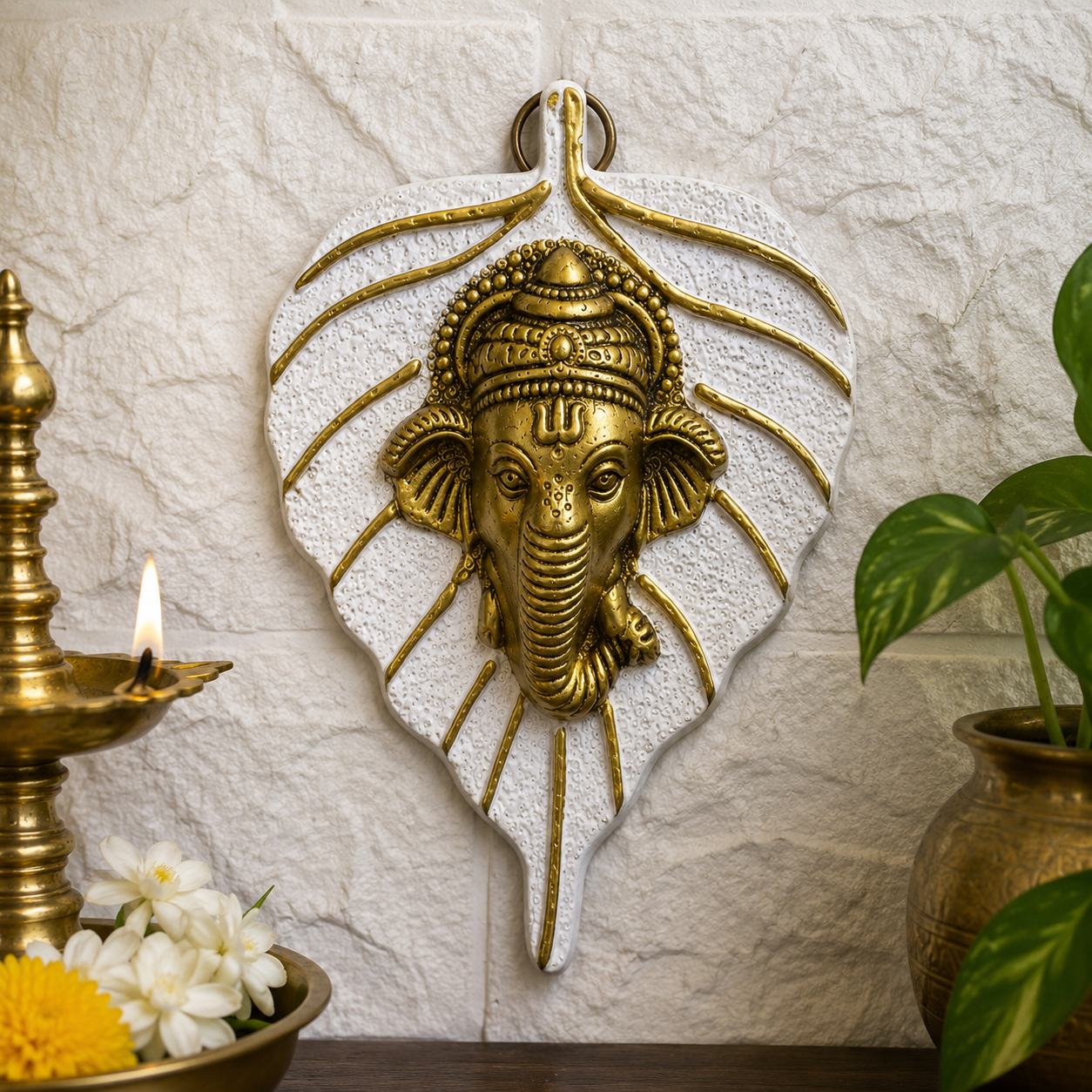 Golden Brass Ganesha on Leaf Wall Hanging | Traditional Decorative Showpiece