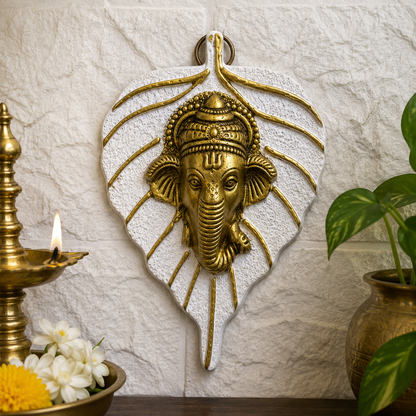 Golden Brass Ganesha on Leaf Wall Hanging | Traditional Decorative Showpiece