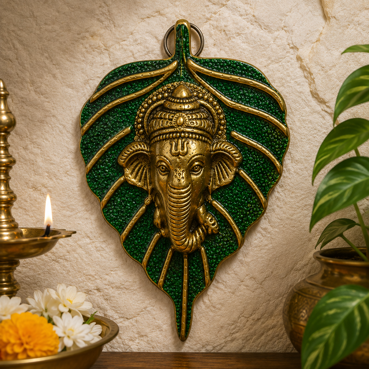 Golden Brass Ganesha on Leaf Wall Hanging | Traditional Decorative Showpiece
