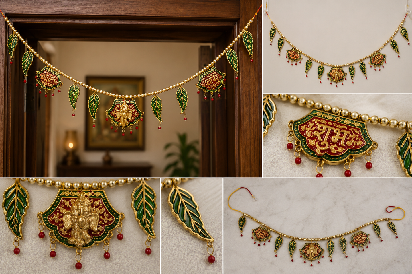 Golden Pearl Shubh-Labh Door Toran with Leaf & Bead Hanging