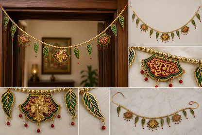 Golden Pearl Shubh-Labh Door Toran with Leaf & Bead Hanging