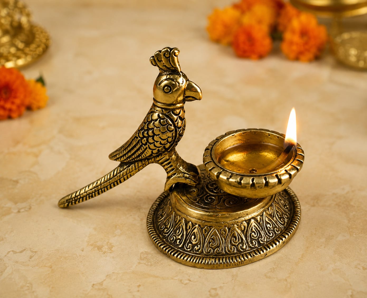 Peacock Brass Diya Lamp | Traditional Oil Wick Kuthu Vilakku