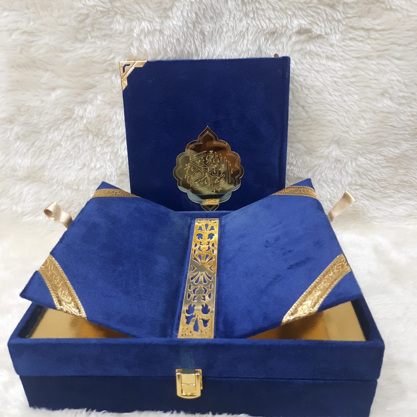 Quran Majeed No.3 Color Coded (13 Line) Velvet Binding, Wooden Box Board, Golden Acrylic Carving, Golden Metal Corners, Rehal Box - Premium Gift Edition