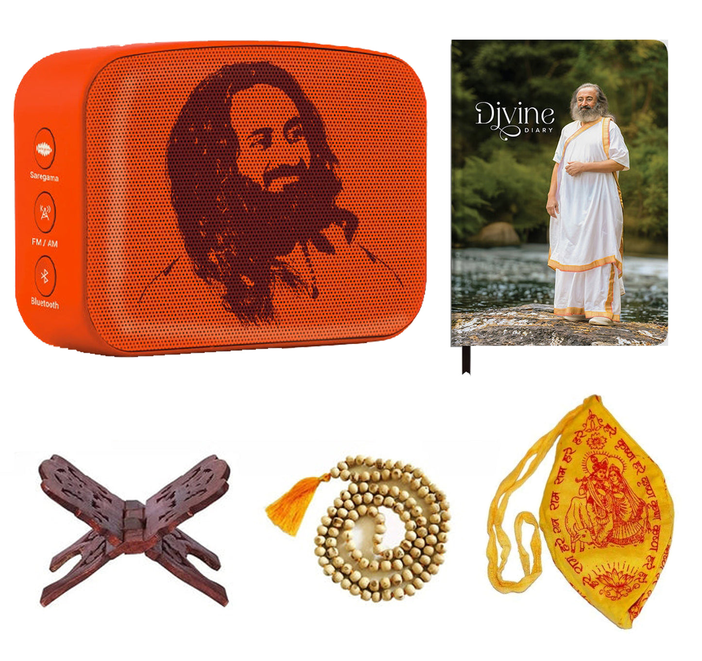 Gurudev Sri Sri Ravi Shankar Art of Living Spiritual Gift Set – Saregama Carvaan Mini, Divine Diary, Tulsi Jap Mala, Gaumukhi & Book Stand