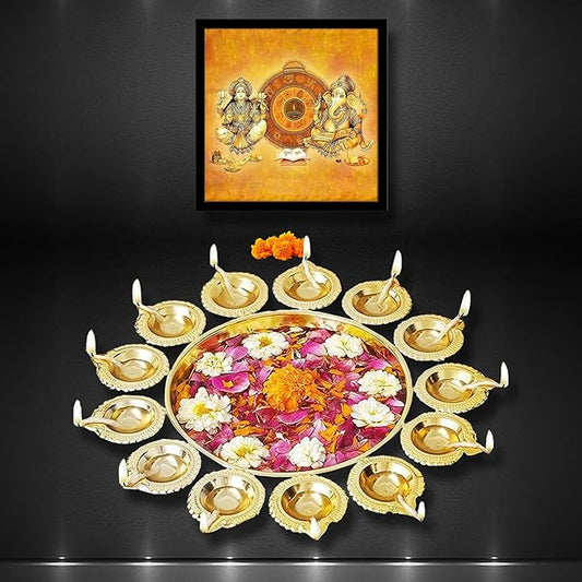 VIVANTRA Diya Shape Decorative Indian Urli Bowl-Home Metal Handcrafted Floating Flowers,Tea Light Candles Home,Office,Table Decor, Diwali Decoration Item (14") + Laxmi Ganesh Photo Frame