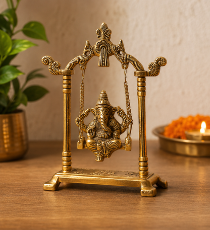 Brass Ganesh Jhula Idol | Antique Golden Ganesha Swing for Home & Pooja Decor
