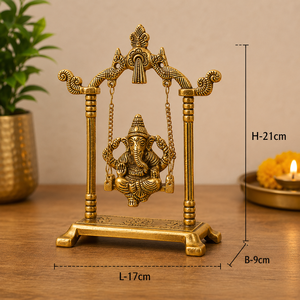 Brass Ganesh Jhula Idol | Antique Golden Ganesha Swing for Home & Pooja Decor