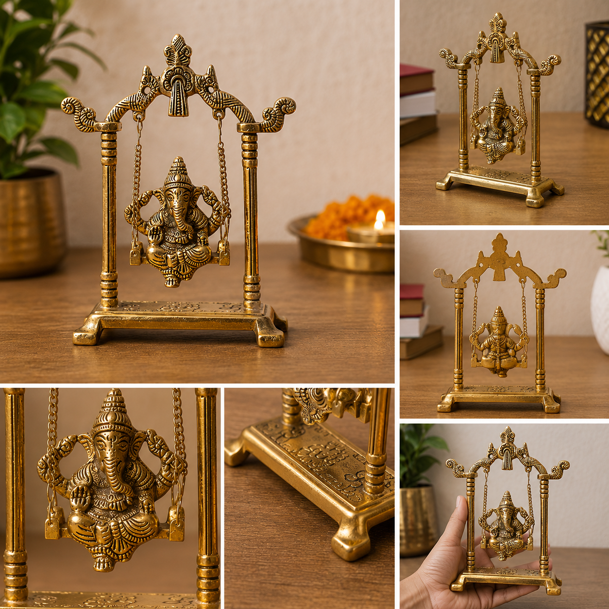 Brass Ganesh Jhula Idol | Antique Golden Ganesha Swing for Home & Pooja Decor
